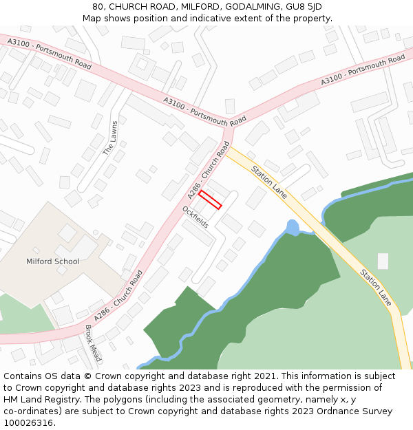 80, CHURCH ROAD, MILFORD, GODALMING, GU8 5JD: Location map and indicative extent of plot