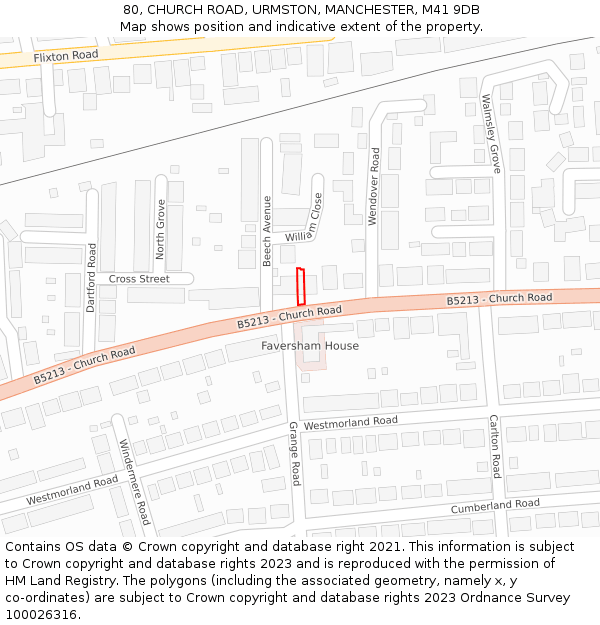 80, CHURCH ROAD, URMSTON, MANCHESTER, M41 9DB: Location map and indicative extent of plot
