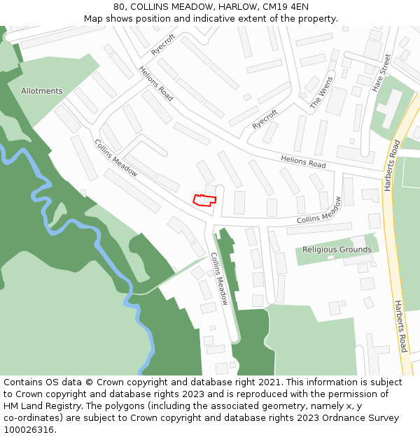 80, COLLINS MEADOW, HARLOW, CM19 4EN: Location map and indicative extent of plot
