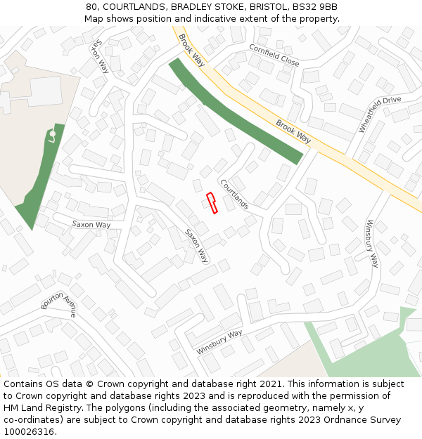 80, COURTLANDS, BRADLEY STOKE, BRISTOL, BS32 9BB: Location map and indicative extent of plot