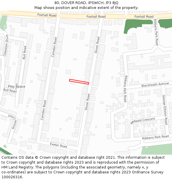 80, DOVER ROAD, IPSWICH, IP3 8JQ: Location map and indicative extent of plot
