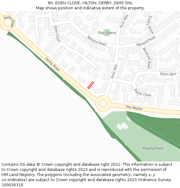 80, EDEN CLOSE, HILTON, DERBY, DE65 5NL: Location map and indicative extent of plot