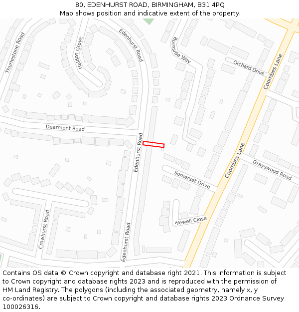 80, EDENHURST ROAD, BIRMINGHAM, B31 4PQ: Location map and indicative extent of plot