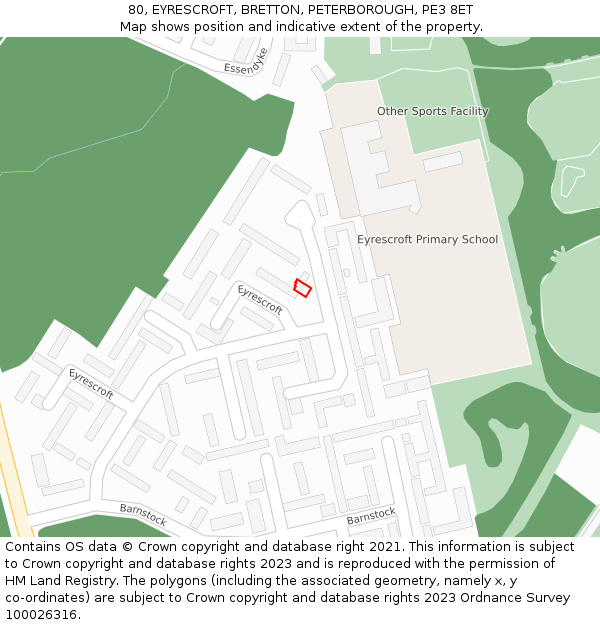 80, EYRESCROFT, BRETTON, PETERBOROUGH, PE3 8ET: Location map and indicative extent of plot