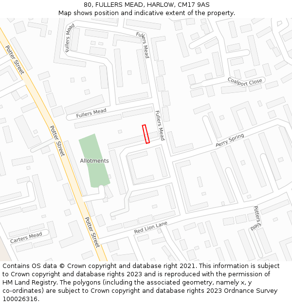 80, FULLERS MEAD, HARLOW, CM17 9AS: Location map and indicative extent of plot