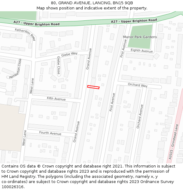 80, GRAND AVENUE, LANCING, BN15 9QB: Location map and indicative extent of plot