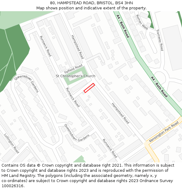 80, HAMPSTEAD ROAD, BRISTOL, BS4 3HN: Location map and indicative extent of plot