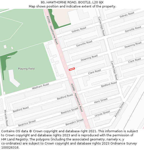 80, HAWTHORNE ROAD, BOOTLE, L20 9JX: Location map and indicative extent of plot