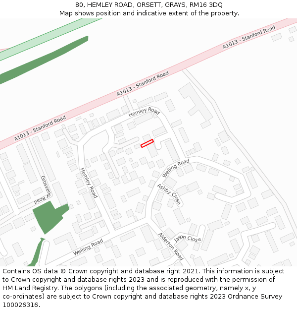 80, HEMLEY ROAD, ORSETT, GRAYS, RM16 3DQ: Location map and indicative extent of plot