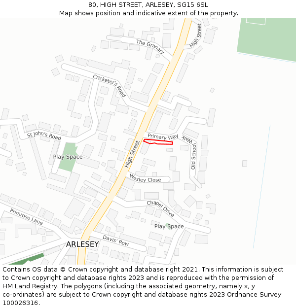 80, HIGH STREET, ARLESEY, SG15 6SL: Location map and indicative extent of plot