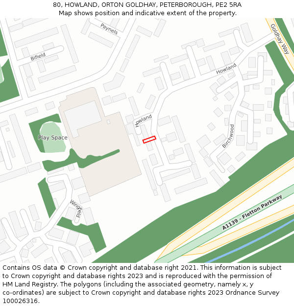 80, HOWLAND, ORTON GOLDHAY, PETERBOROUGH, PE2 5RA: Location map and indicative extent of plot