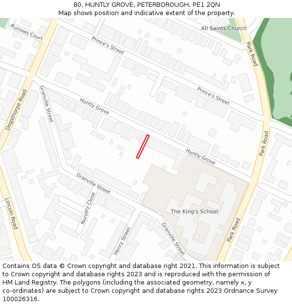 80, HUNTLY GROVE, PETERBOROUGH, PE1 2QN: Location map and indicative extent of plot