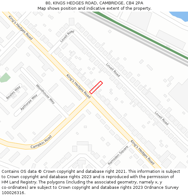 80, KINGS HEDGES ROAD, CAMBRIDGE, CB4 2PA: Location map and indicative extent of plot