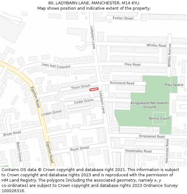 80, LADYBARN LANE, MANCHESTER, M14 6YU: Location map and indicative extent of plot