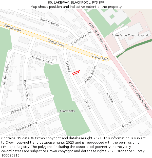 80, LAKEWAY, BLACKPOOL, FY3 8PF: Location map and indicative extent of plot