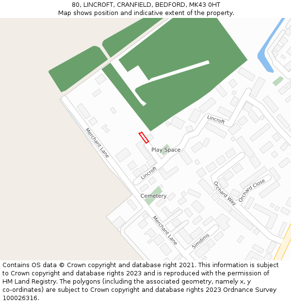 80, LINCROFT, CRANFIELD, BEDFORD, MK43 0HT: Location map and indicative extent of plot