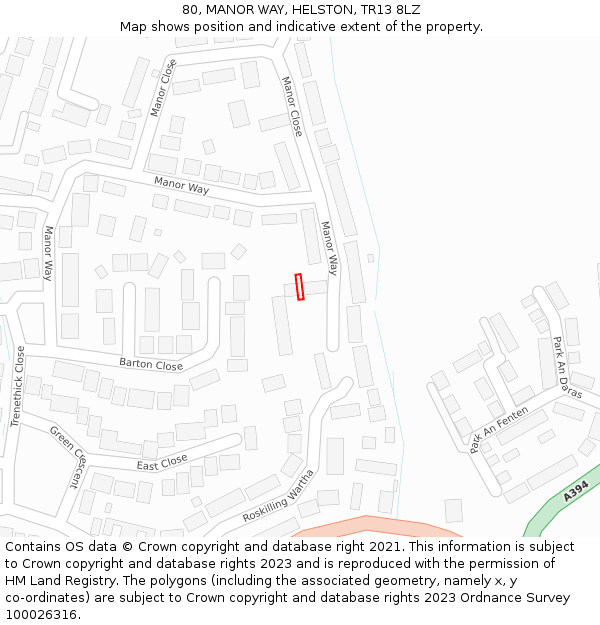 80, MANOR WAY, HELSTON, TR13 8LZ: Location map and indicative extent of plot
