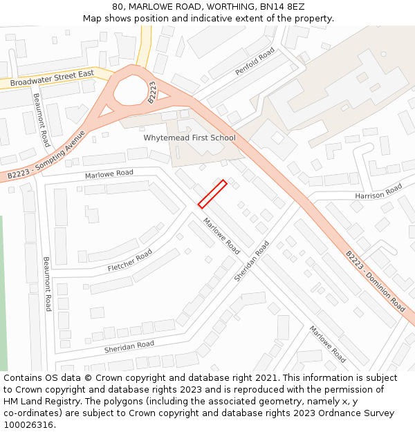 80, MARLOWE ROAD, WORTHING, BN14 8EZ: Location map and indicative extent of plot