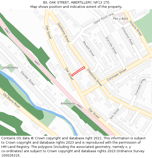 80, OAK STREET, ABERTILLERY, NP13 1TG: Location map and indicative extent of plot