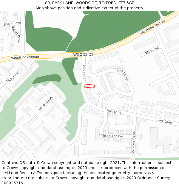 80, PARK LANE, WOODSIDE, TELFORD, TF7 5GB: Location map and indicative extent of plot