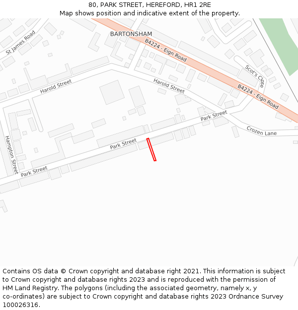 80, PARK STREET, HEREFORD, HR1 2RE: Location map and indicative extent of plot