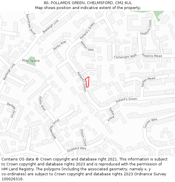 80, POLLARDS GREEN, CHELMSFORD, CM2 6UL: Location map and indicative extent of plot
