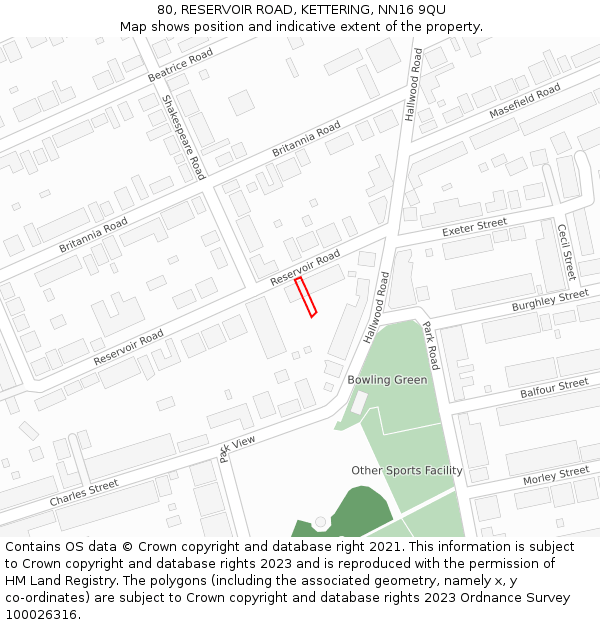 80, RESERVOIR ROAD, KETTERING, NN16 9QU: Location map and indicative extent of plot