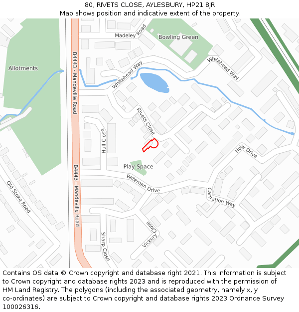 80, RIVETS CLOSE, AYLESBURY, HP21 8JR: Location map and indicative extent of plot