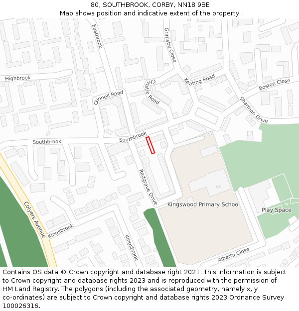 80, SOUTHBROOK, CORBY, NN18 9BE: Location map and indicative extent of plot