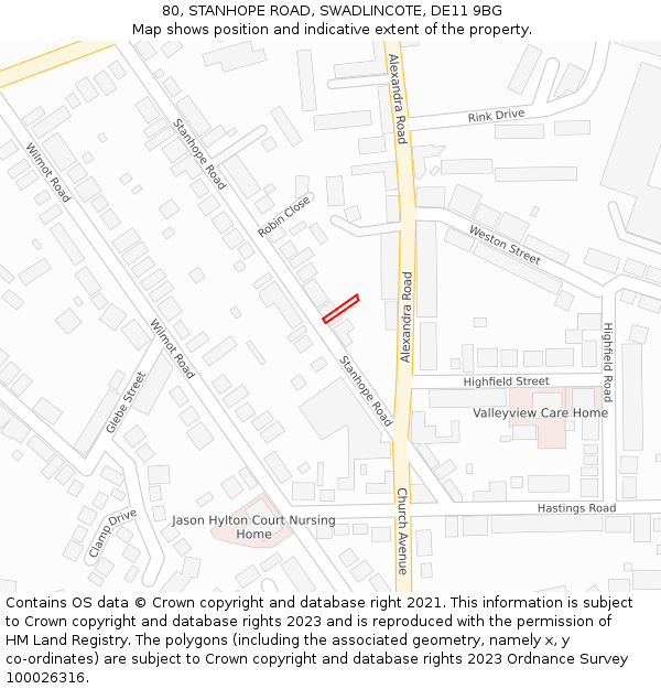 80, STANHOPE ROAD, SWADLINCOTE, DE11 9BG: Location map and indicative extent of plot