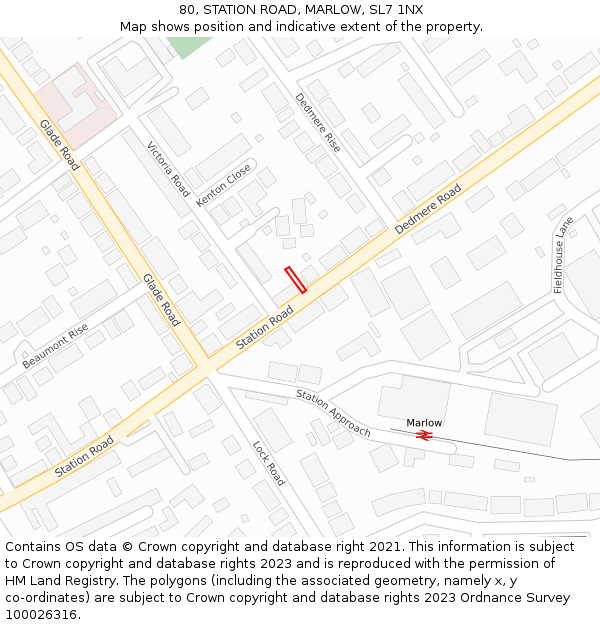 80, STATION ROAD, MARLOW, SL7 1NX: Location map and indicative extent of plot