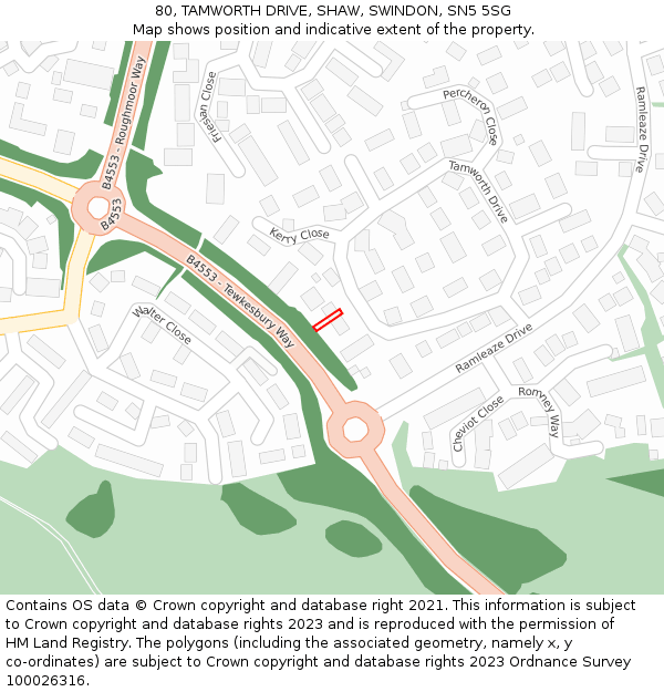 80, TAMWORTH DRIVE, SHAW, SWINDON, SN5 5SG: Location map and indicative extent of plot
