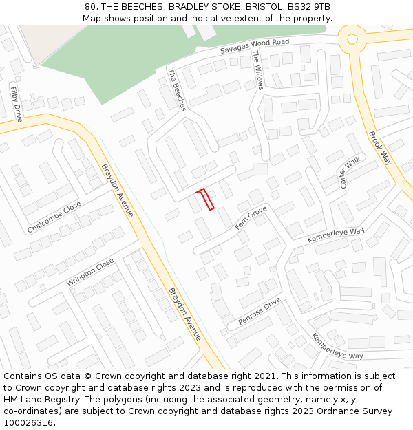 80, THE BEECHES, BRADLEY STOKE, BRISTOL, BS32 9TB: Location map and indicative extent of plot