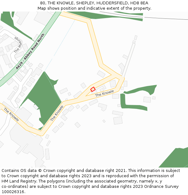 80, THE KNOWLE, SHEPLEY, HUDDERSFIELD, HD8 8EA: Location map and indicative extent of plot