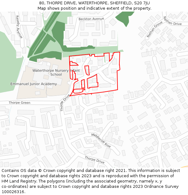 80, THORPE DRIVE, WATERTHORPE, SHEFFIELD, S20 7JU: Location map and indicative extent of plot