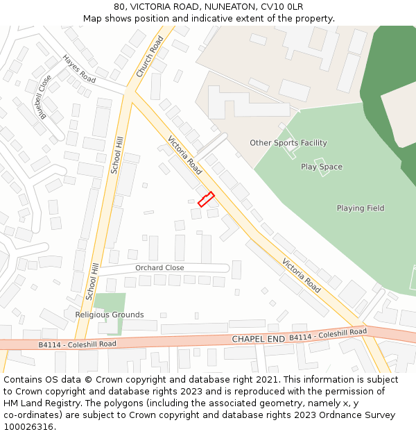 80, VICTORIA ROAD, NUNEATON, CV10 0LR: Location map and indicative extent of plot