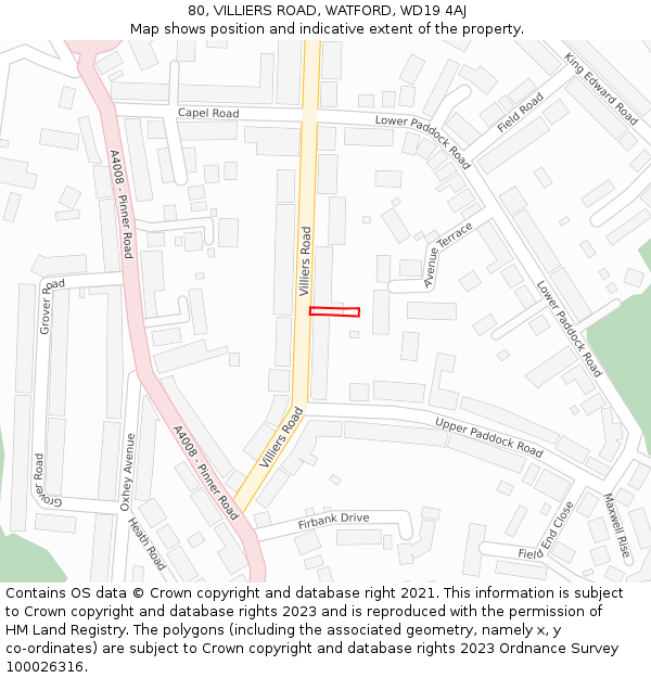 80, VILLIERS ROAD, WATFORD, WD19 4AJ: Location map and indicative extent of plot