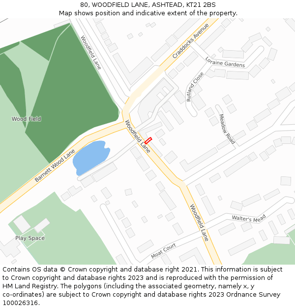 80, WOODFIELD LANE, ASHTEAD, KT21 2BS: Location map and indicative extent of plot