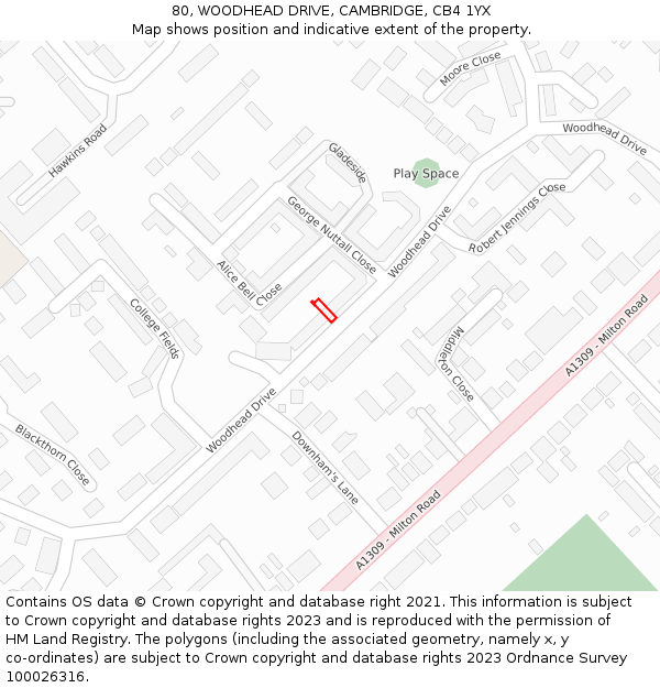 80, WOODHEAD DRIVE, CAMBRIDGE, CB4 1YX: Location map and indicative extent of plot