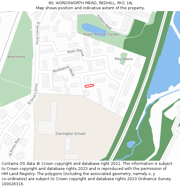 80, WORDSWORTH MEAD, REDHILL, RH1 1AJ: Location map and indicative extent of plot