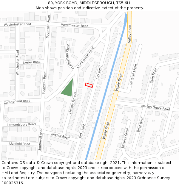 80, YORK ROAD, MIDDLESBROUGH, TS5 6LL: Location map and indicative extent of plot
