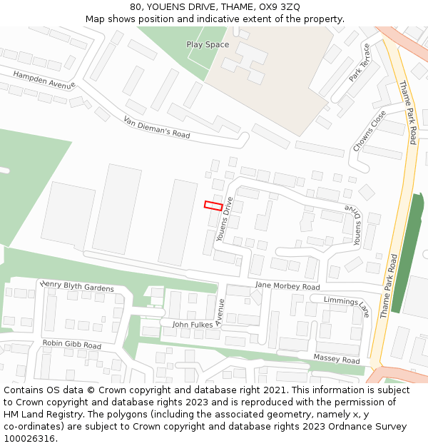 80, YOUENS DRIVE, THAME, OX9 3ZQ: Location map and indicative extent of plot