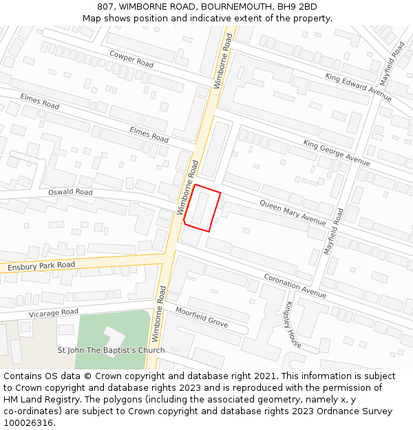 807, WIMBORNE ROAD, BOURNEMOUTH, BH9 2BD: Location map and indicative extent of plot