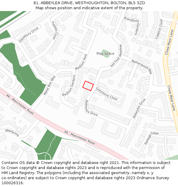 81, ABBEYLEA DRIVE, WESTHOUGHTON, BOLTON, BL5 3ZD: Location map and indicative extent of plot