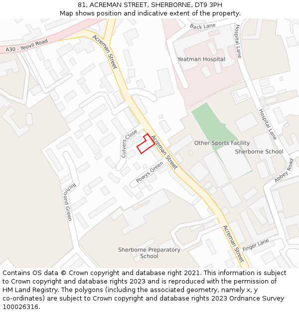 81, ACREMAN STREET, SHERBORNE, DT9 3PH: Location map and indicative extent of plot