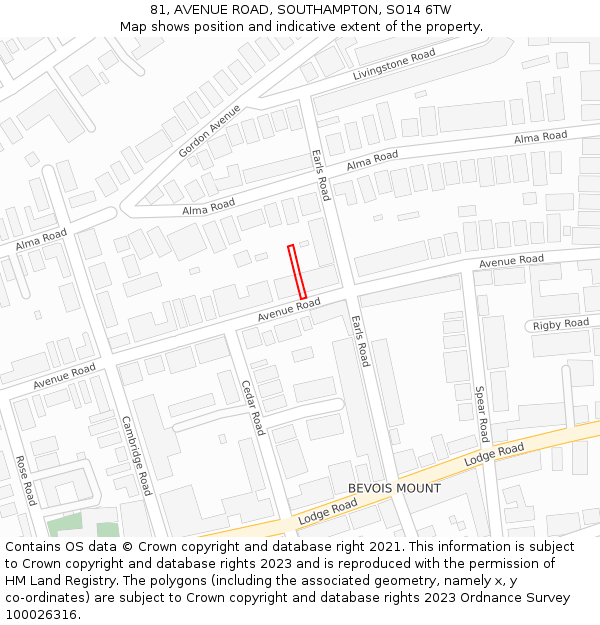 81, AVENUE ROAD, SOUTHAMPTON, SO14 6TW: Location map and indicative extent of plot