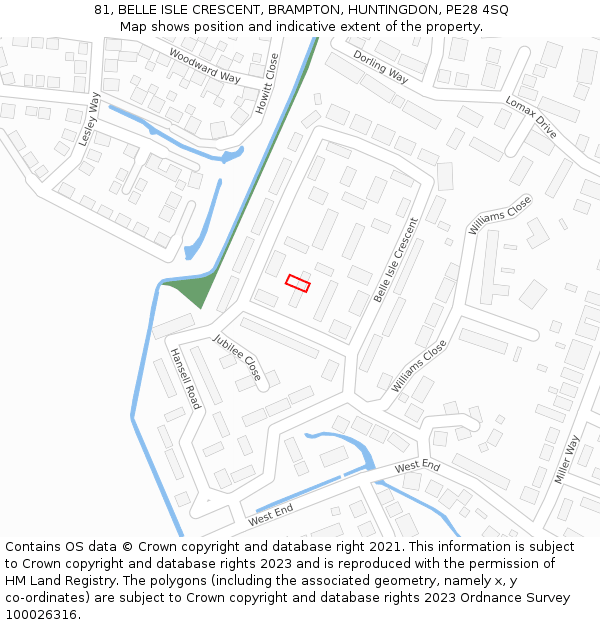 81, BELLE ISLE CRESCENT, BRAMPTON, HUNTINGDON, PE28 4SQ: Location map and indicative extent of plot
