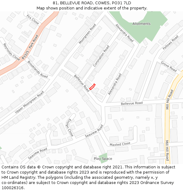 81, BELLEVUE ROAD, COWES, PO31 7LD: Location map and indicative extent of plot