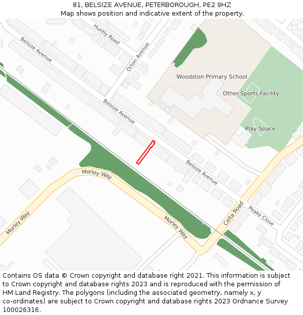 81, BELSIZE AVENUE, PETERBOROUGH, PE2 9HZ: Location map and indicative extent of plot