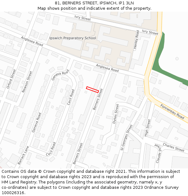81, BERNERS STREET, IPSWICH, IP1 3LN: Location map and indicative extent of plot